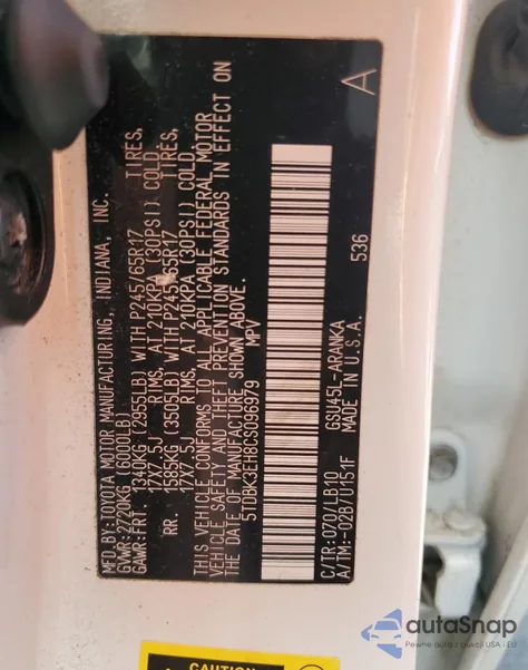 2012 Toyota Highlander Base from USA, damaged, VIN 5TDBK3EH8CS096979